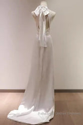 Simple Sheath Satin White Long Wedding Dresses Backless Brides Dress